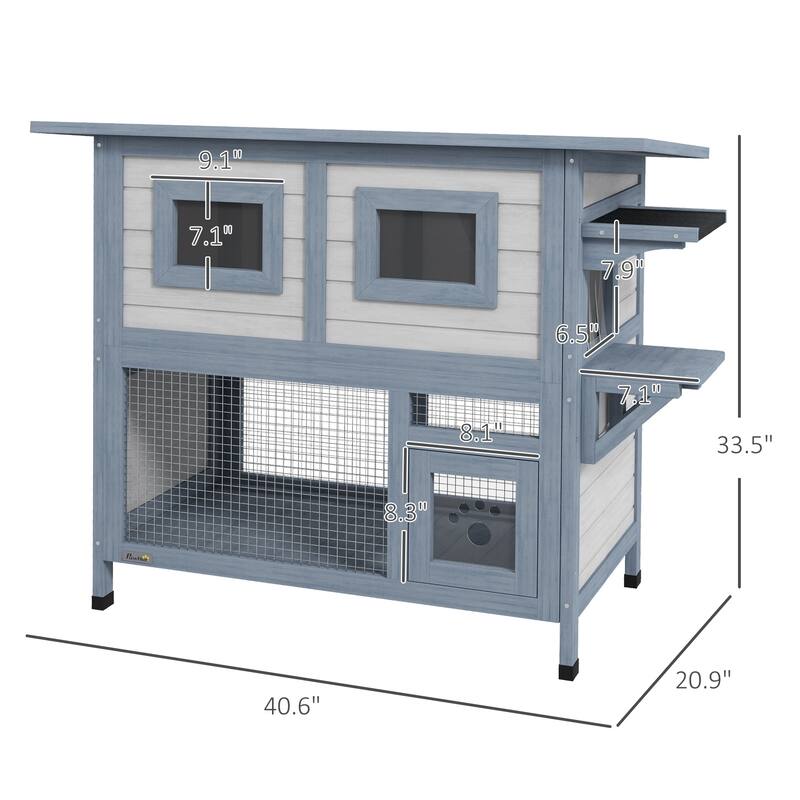 PawHut Outdoor Cat House, 2 Tier Weatherproof Feral Cat Shelter with Escape Door, Asphalt Roof, Jump Platform - LIGHT GREY