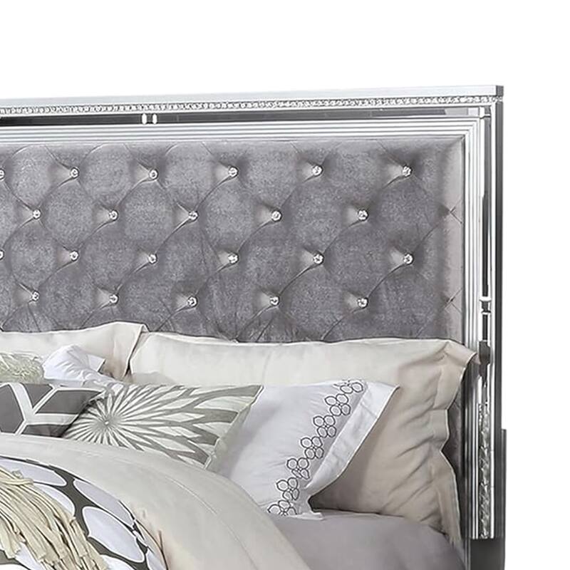 Fery Queen Size Bed, Gray Velvet Upholstery, Silver Mirror Accents