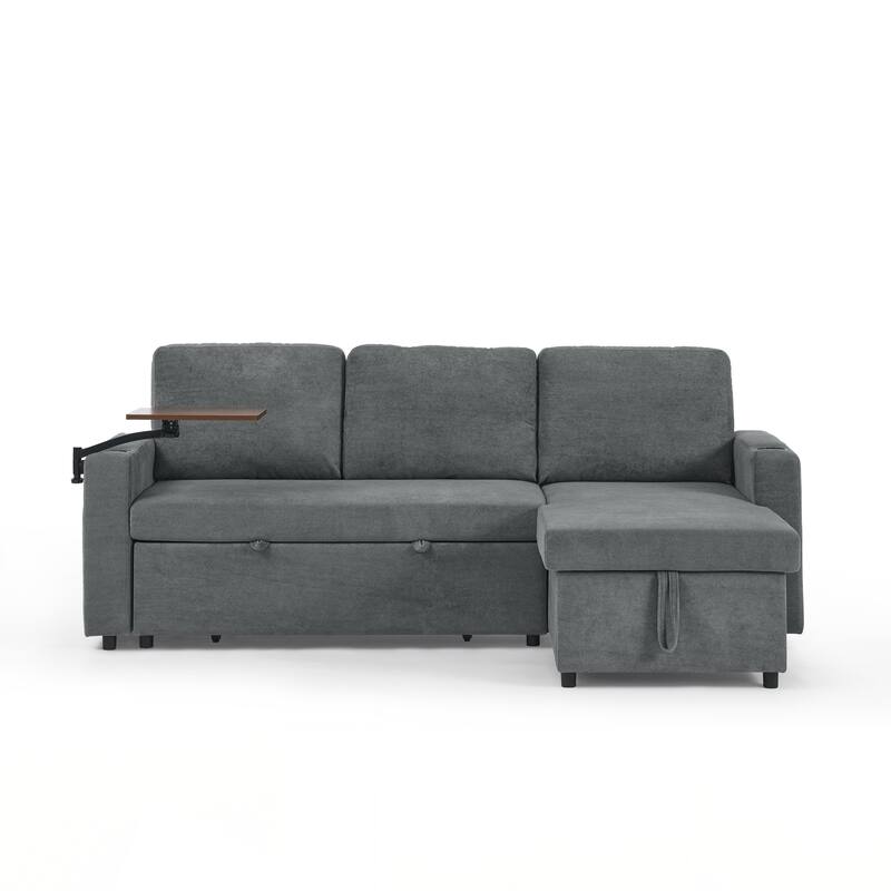 Modern Chenille Multi-functional Pull-Out Bed Sofa with Retractable Table and LED Lighting