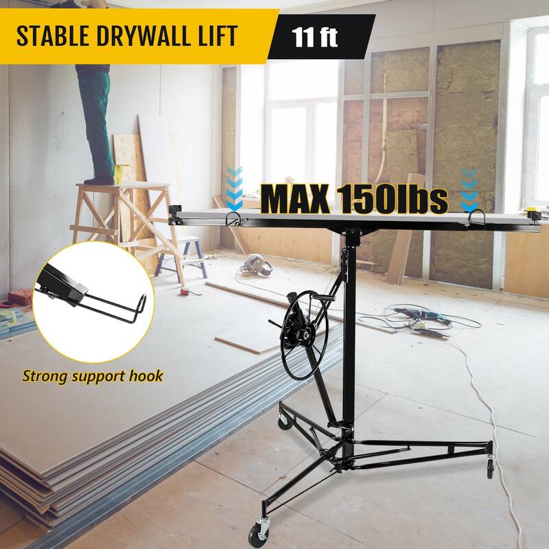 Drywall Lift 11FT, 150lb Capacity Heavy Duty Sheetrock Hoist w/Telescopic Arm & Locking Wheels, Steel Panel Lifter