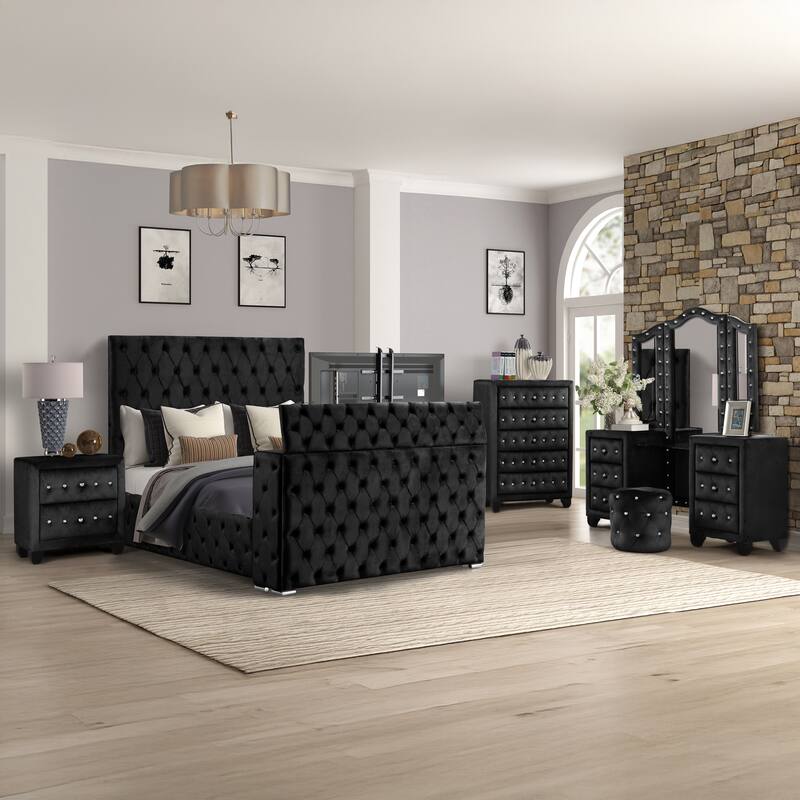 Encore King / Queen 4PC / 5PCS Vanity Bedroom Set in Beige / Black / Gray - Black - Queen - 5 Piece