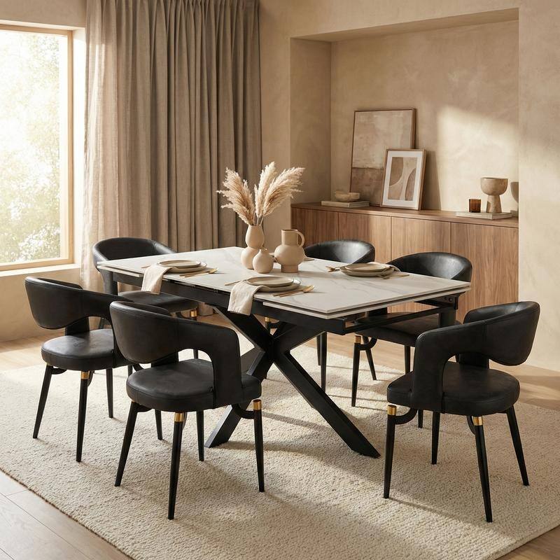 Luvic Extendable Sintered Stone Dining Table - Modern Rectangular Table with Steel Cross-Base