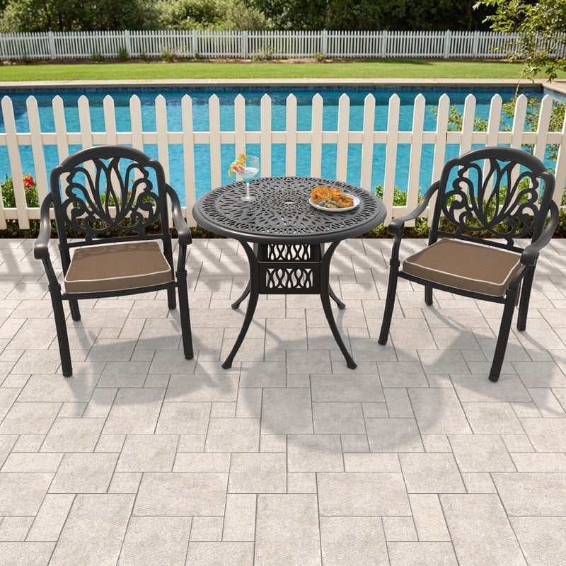 3/5-Piece Cast Aluminum Outdoor Dining Set with 35.43 in. Round Table and Seat Cushions - Black( 3-Piece Sets)