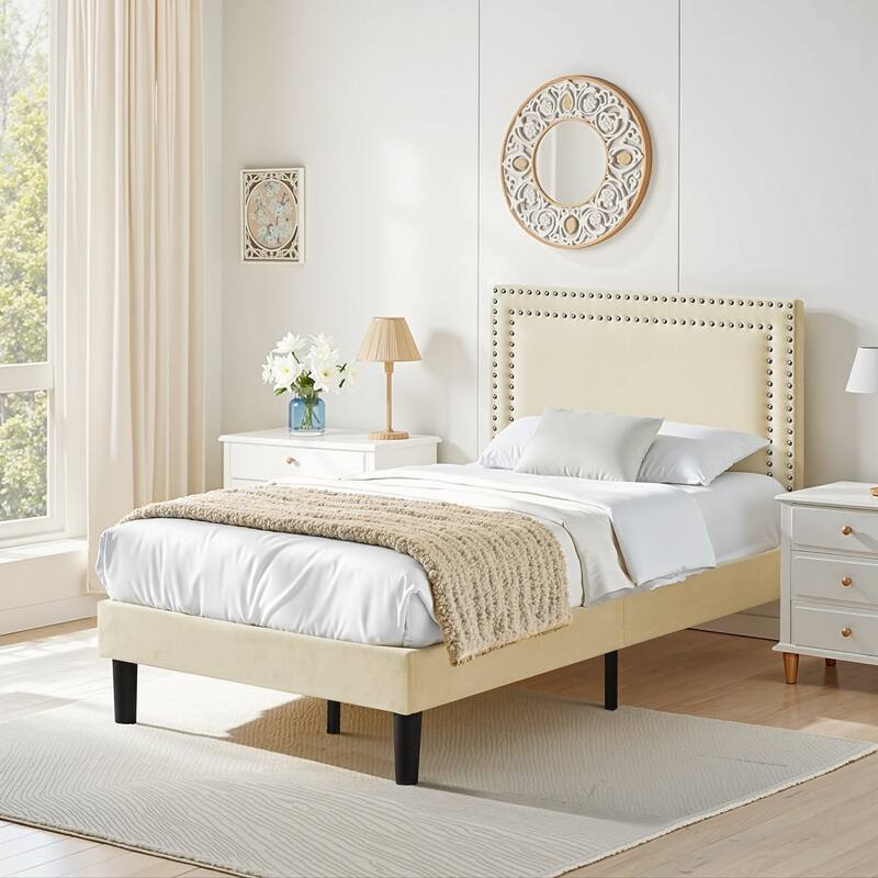 VECELO Beige Twin Size Platform Bed with Adjustable Headboard Teenager room Double Rivet Design 1/2/3 Piece Set Bed Frame