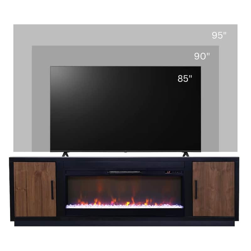 Bridgevine Home Aria 83 inch Fireplace TV Stand for TVs up to 95 inches, Minimal Assembly, Black and Walnut Finish