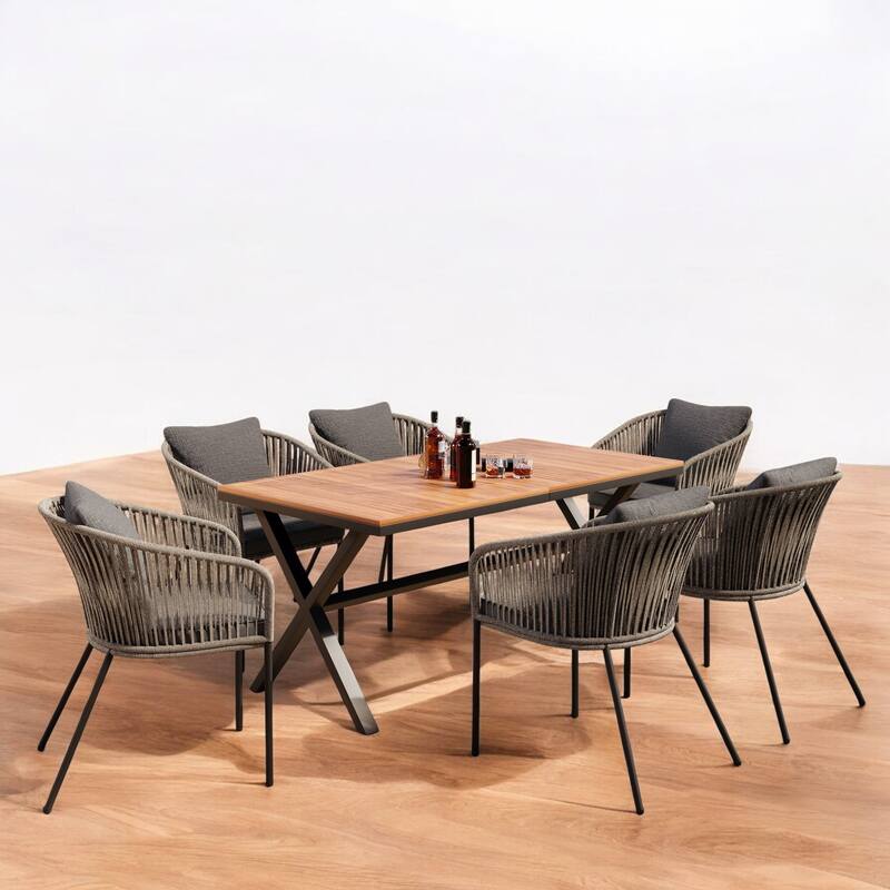 7-Piece Outdoor Patio Dining Set with Rope Weave Chairs, Cushions & Adjustable Feet - Ideal for Patio, Garden & Balcony