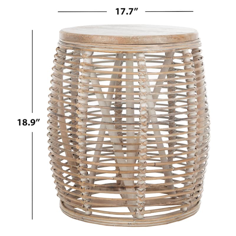 SAFAVIEH Leliana Rattan White Washed Drum Stool Accent Table - 17.7" x 17.7" x 18.9" - 18Wx18Dx19H