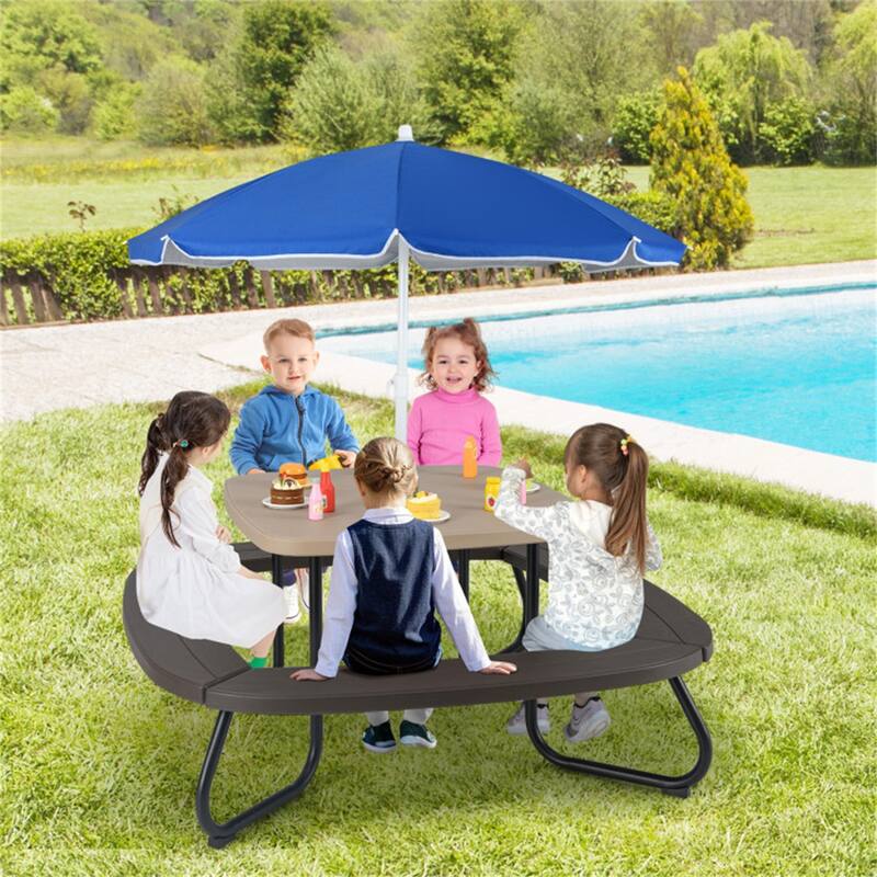 Kids Outdoor Picnic Table with Adjustable Umbrella and Benches Metal Frame and Weather-Resistant Surface - 49" × 49" × 39"-63"