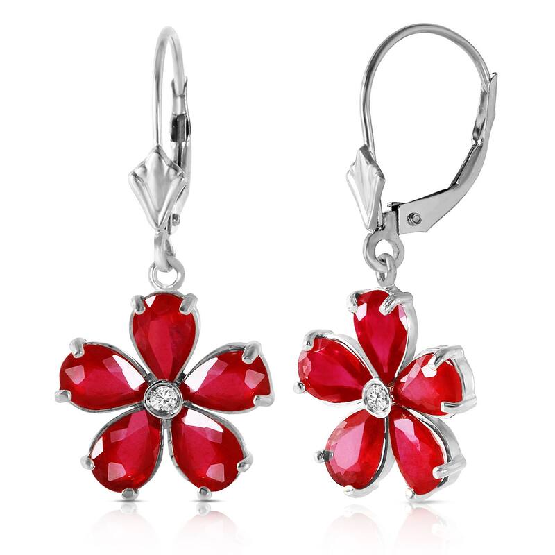 14K Solid Gold Leverback Earrings w/ Natural Rubies & Diamonds