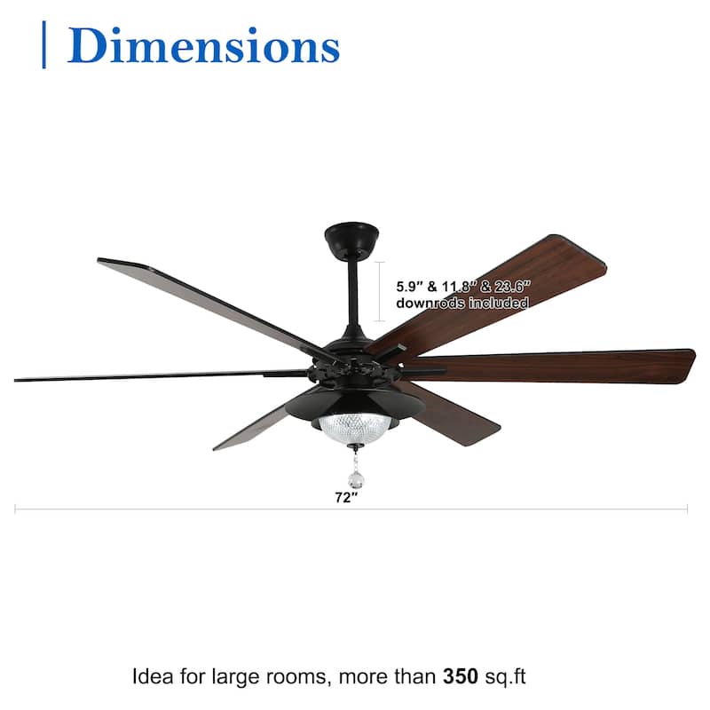 CurveCurio 72" Antique Lagre Ceiling Fan, Wood Blades and LED Lights Kit w Crystal Shade, Quiet DC Motor 6 Speed w Remote