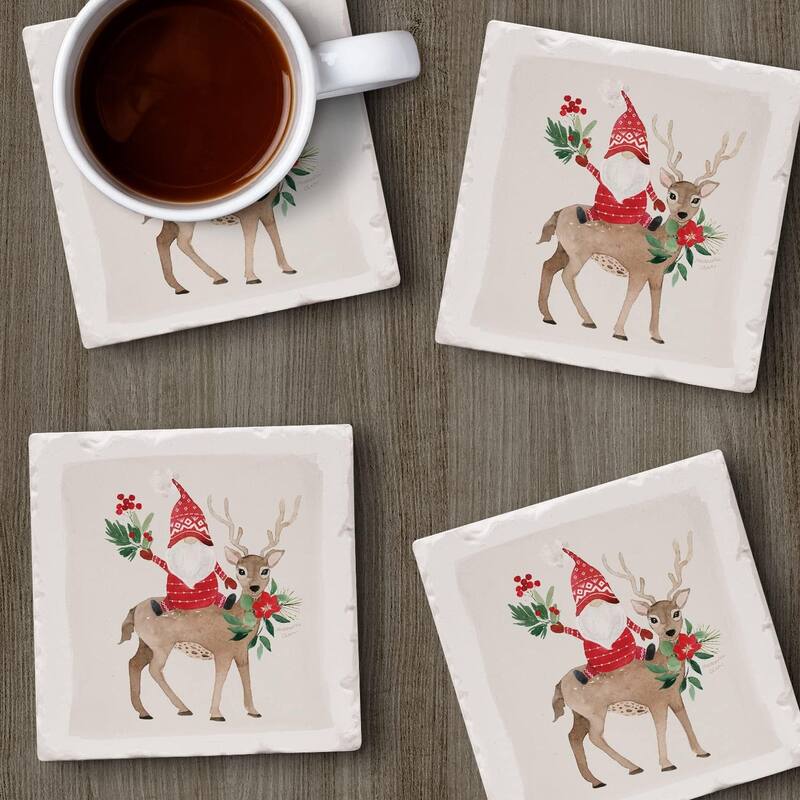 Gnome On Deer Absorbent Stone Tumbled Tile Coaster 4 Pack with Protective Cork Backing Manufactured in The USA