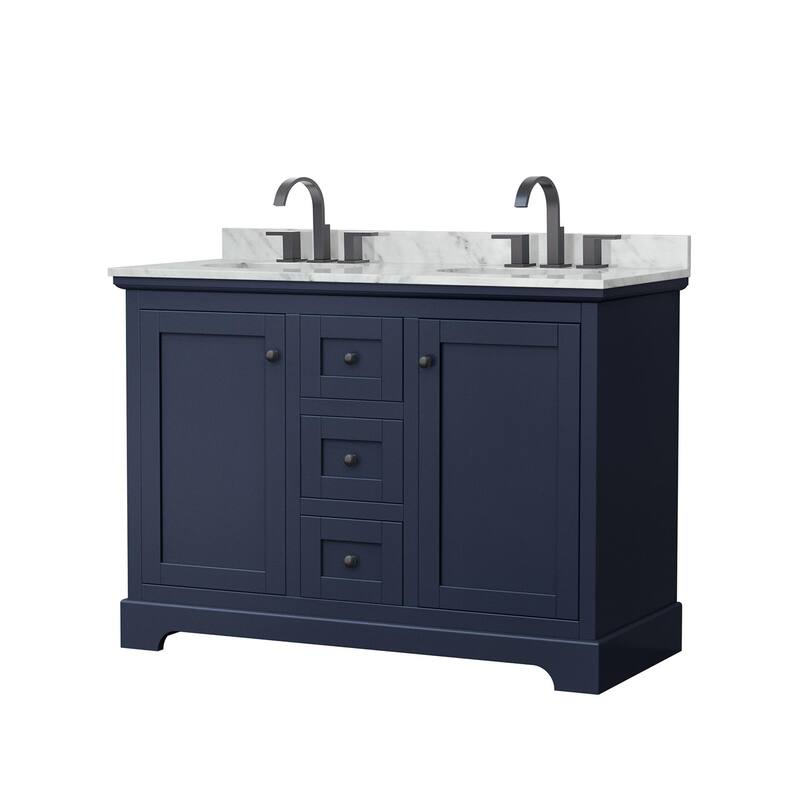 Wyndham Collection Avery 48" Free Standing Double Basin Vanity Set - Dark Blue / White Carrara Marble Top / Matte Black - Painted