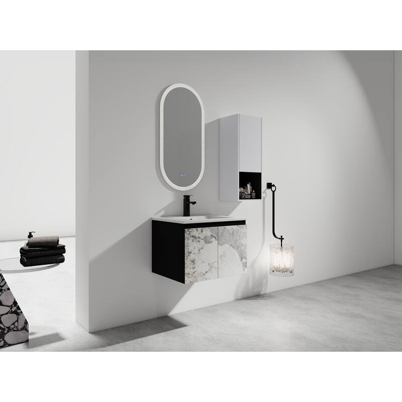 24" Wall-Mounted Bathroom Vanity with Ceramic Sink and Soft-Close Doors, Side Cabinet for Extra Storage
