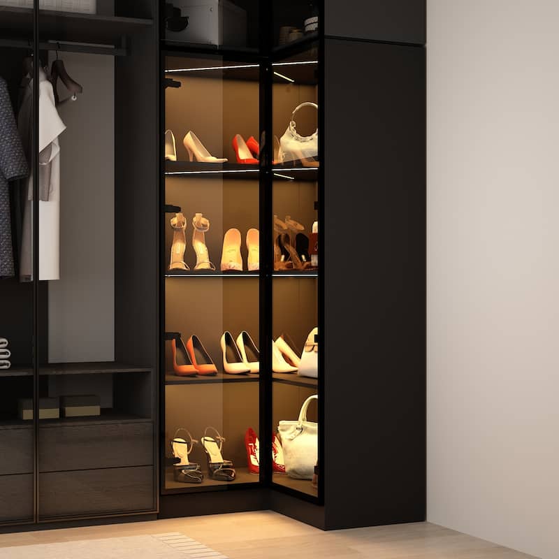 Black Glass Door Wardrobe Set with Lighting Strips, Storage Cabinet - 1-Piece Corner Cabinet