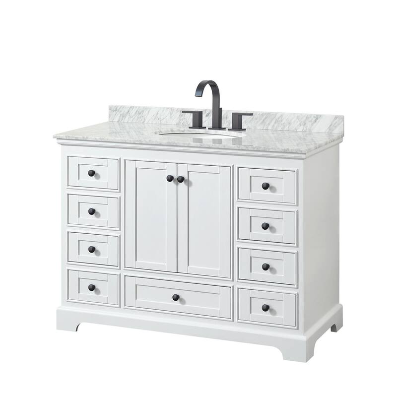 Wyndham Collection Deborah 48" Free Standing Single Vanity Set with - White / White Carrara Marble Top / Matte Black - Painted