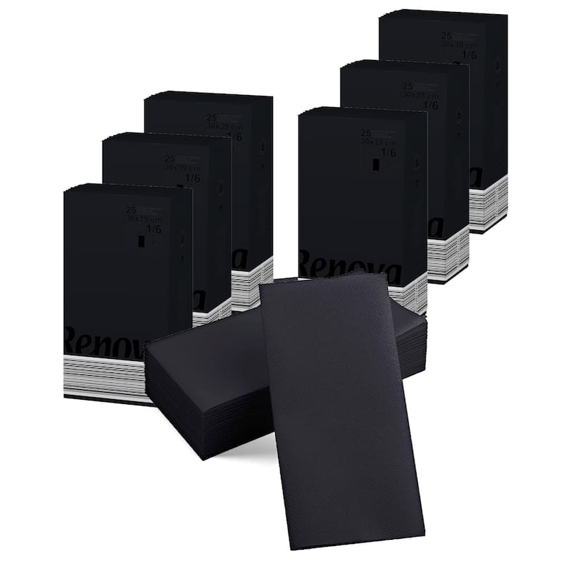 Renova Linen-Feel Black Paper Dinner Napkins Folded 2-Ply 16" x 12" - 150 Napkins