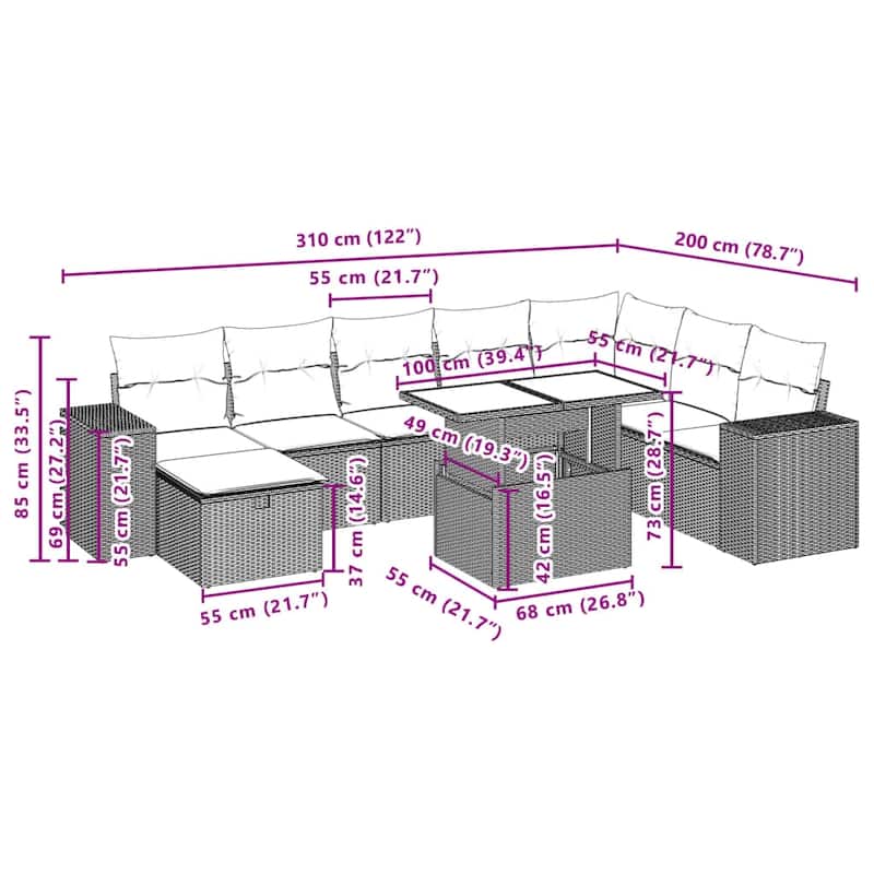 vidaXL Patio Sofa Set with Cushions Outdoor Furniture 9 Piece Poly Rattan