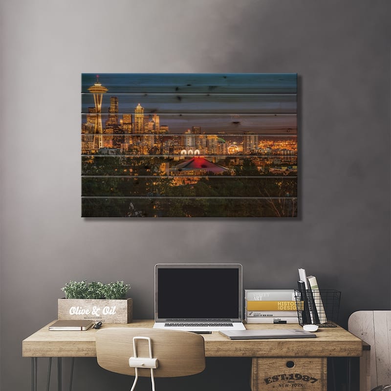 USA, Washington State. Seattle, Night Scene, Mount Rainier, Print On Wood by George Theodore - Multi-Color