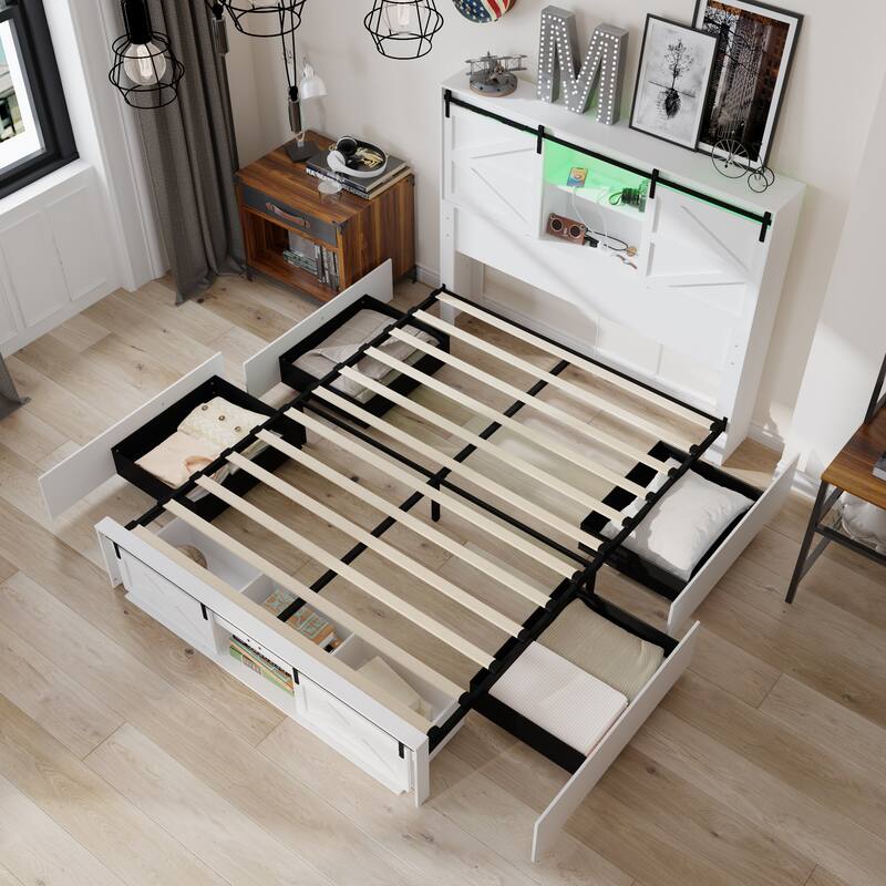 Storage Bed Queen Size Bed Frame w/Charging Station Light Drawers