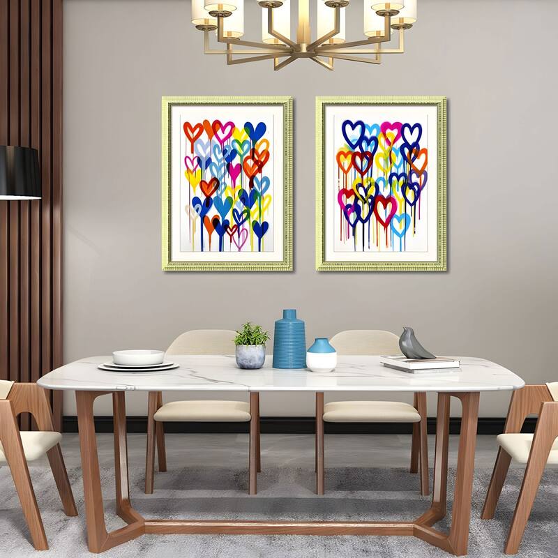 Set of 2 Colorful Heart Graffiti Framed Wall Art - Replaceable Canvas Prints with Solid Wood Picture Frames - Blue+Red
