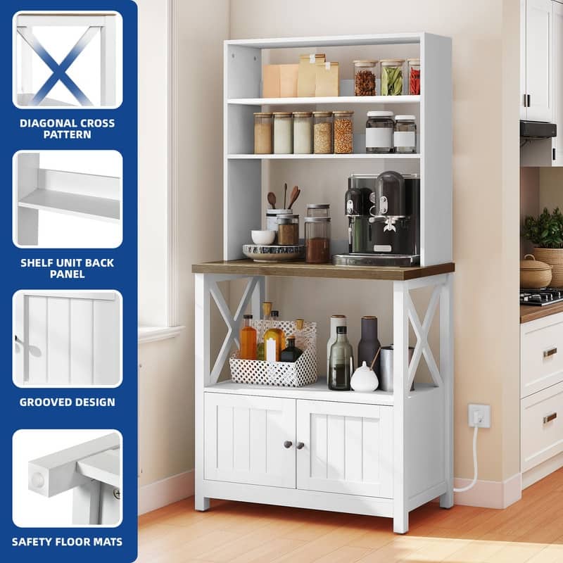 Baker's Rack Coffee Bar Cabinet Microwave Stand Rustic With Power Outlet