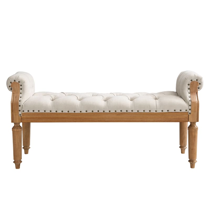 Christopher Knight Home - Mid-Century Solid Rubberwood Upholstered Bench with Rolled Arms, Button-Tufted Cushion & Nailhead Trim