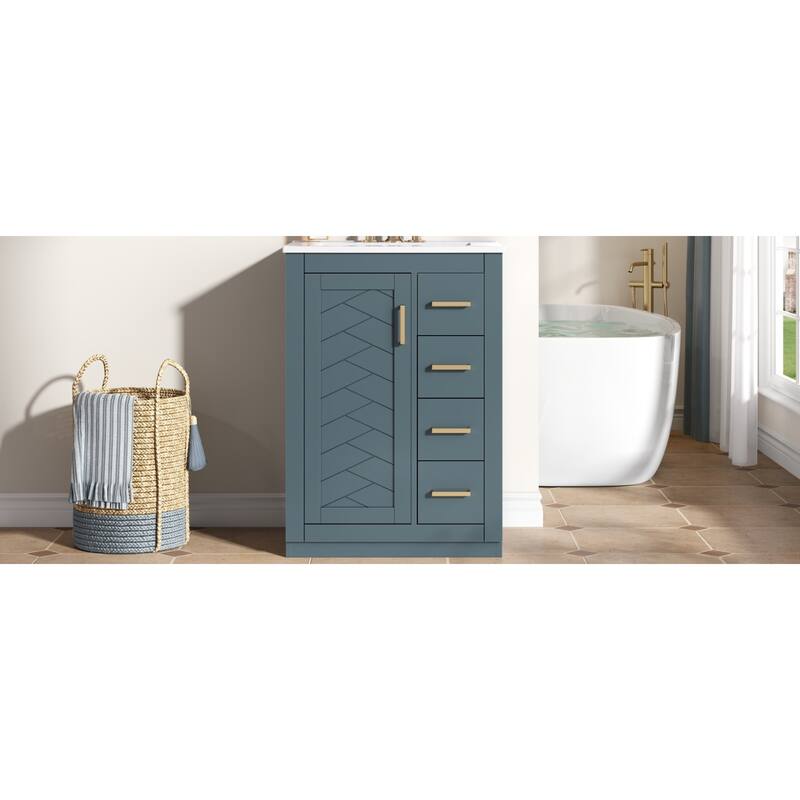 Roomfitters 24 Inch Bathroom Vanity with Integrated Ceramic Sink, Storage Cabinet with 3 Sliding Tiers & Soft Close Door