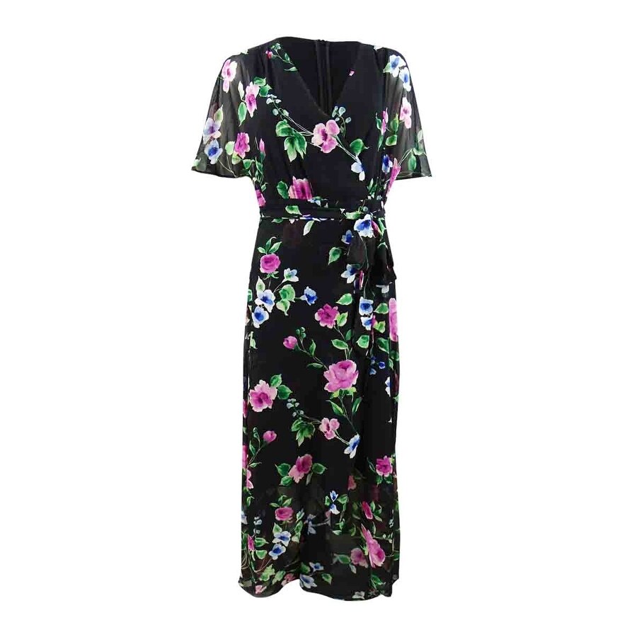 Jessica Howard Women's Floral-Print Faux-Wrap Maxi Dress (8, Black Multi)