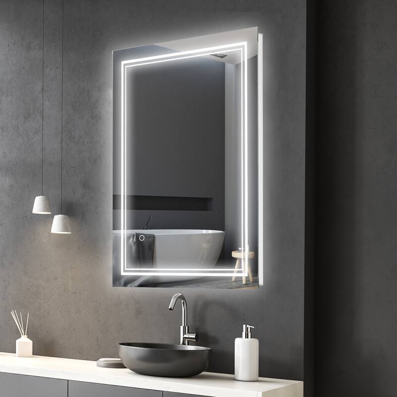 Silver Aluminum LED Bathroom Mirror, Square Outline Lighting and Touch - 31.5" W x 1.75" D x 23.5" H - Silver