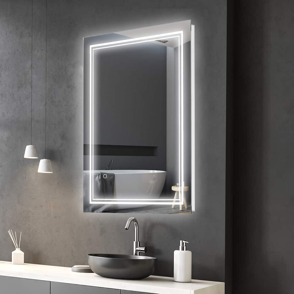 Silver Aluminum LED Bathroom Mirror, Square Outline Lighting and Touch - 31.5" W x 1.75" D x 23.5" H