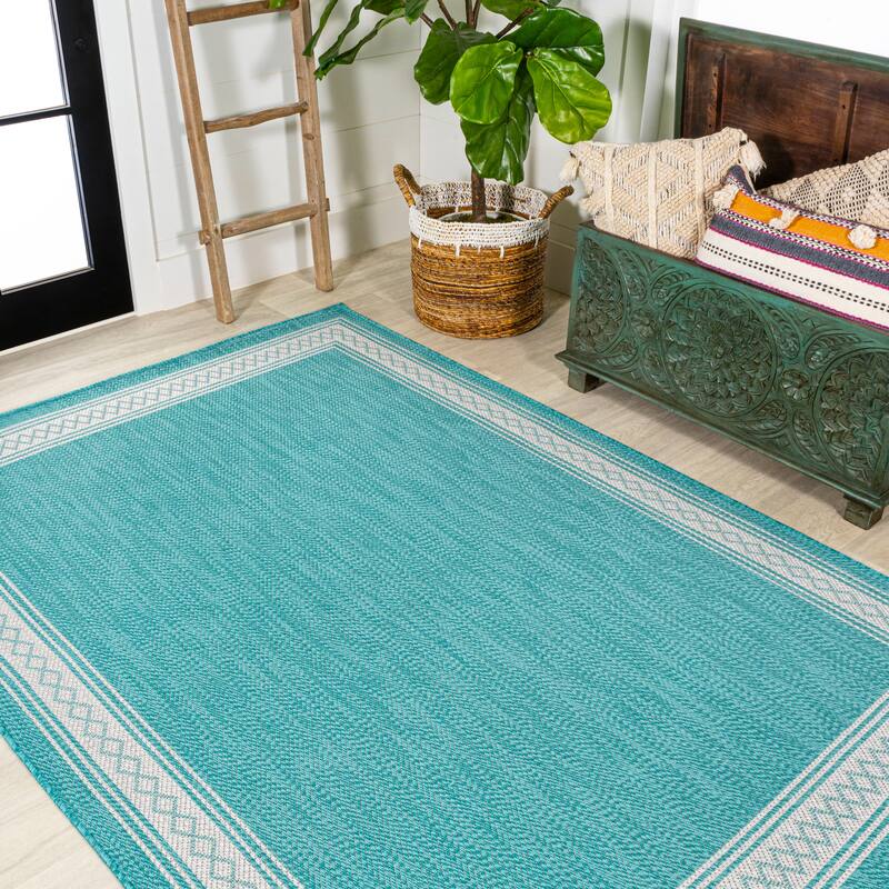 JONATHAN Y Havana Classic Diamond Border Indoor/Outdoor Area Rug - 5 X 8 - Aqua/Light Gray