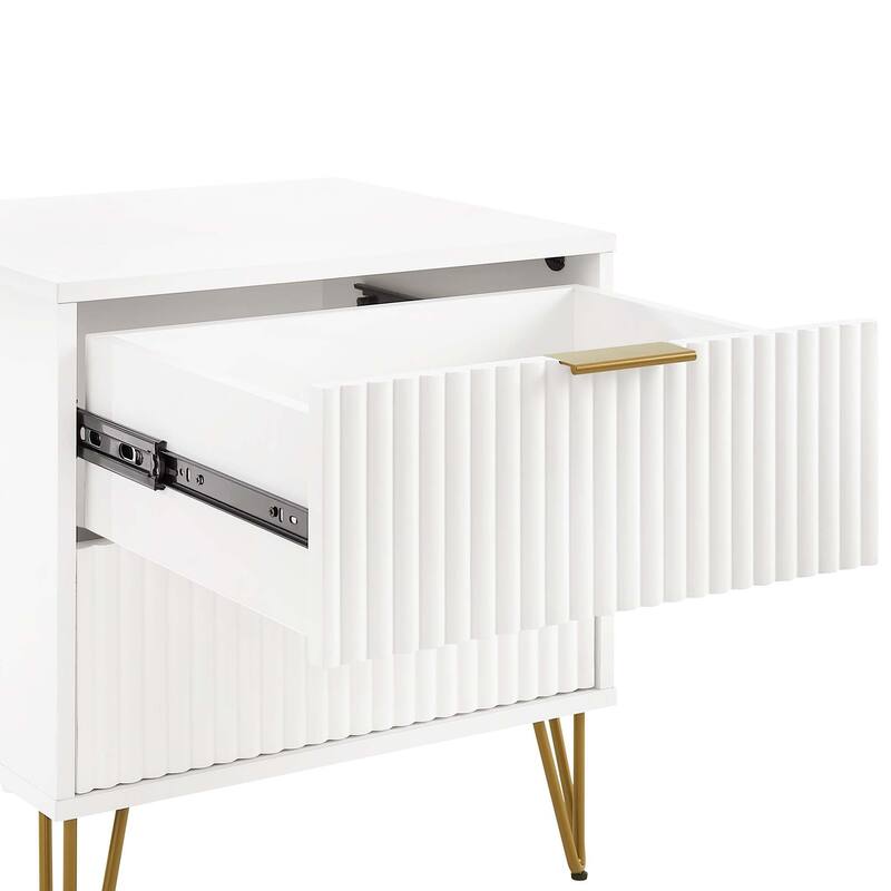 20-Inch White Fluted Nightstand with 2 Drawers and Gold Metal Handles