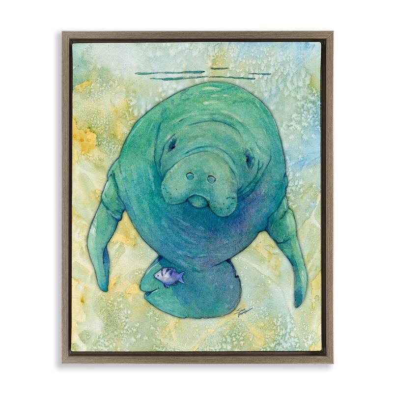 Stupell Green Manatee Underwater Framed Floater Canvas Wall Art Design by Steve Vanderbosch - 25 x 31 - Brown
