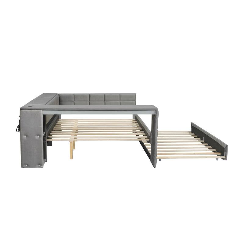Velvet Full Size Platform Bed with Charging Station and Trundle, Storage Shelves