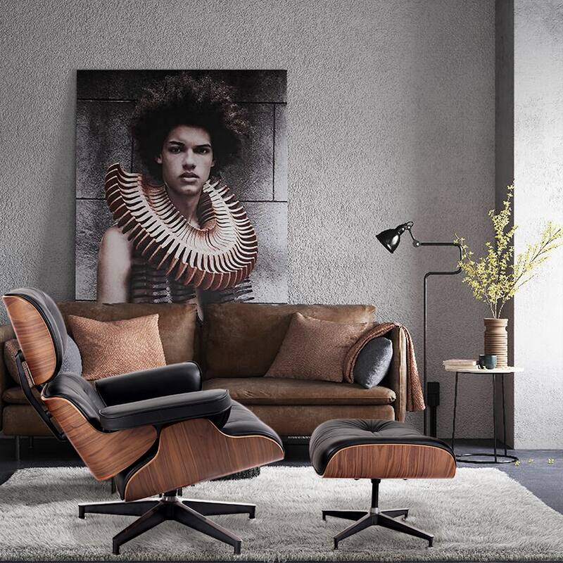 HomeRoots 35" Black Tufted Leather And Brown Swivel Lounge Chair with Ottoman - 34.6