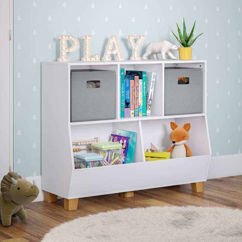 RiverRidge Kids Catch-All 35in Toy Storage Organizer with 3 Cubbies and 2 Storage Compartments - White with Optional Bins - White with 2 Gray Bins