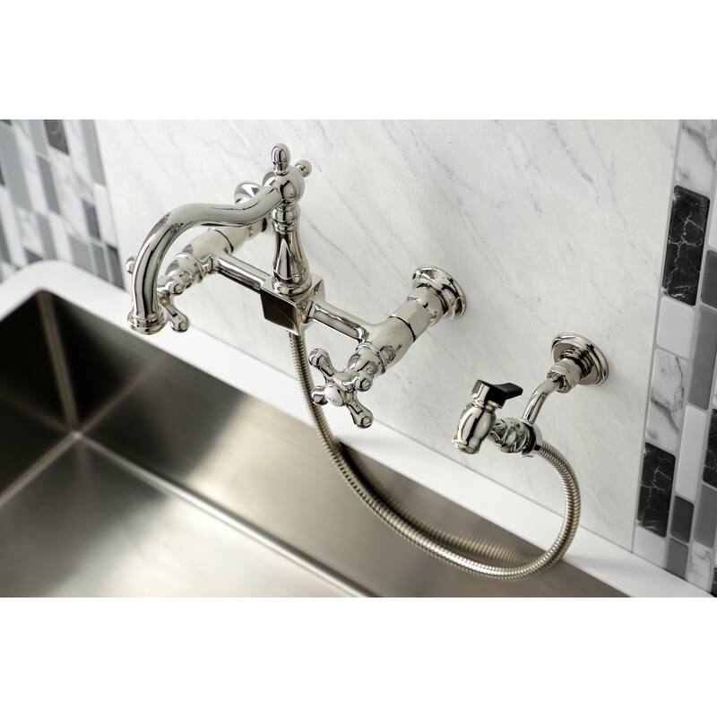 Kingston Brass Heritage Wall Mount Bridge Kitchen Faucet with Brass Sprayer