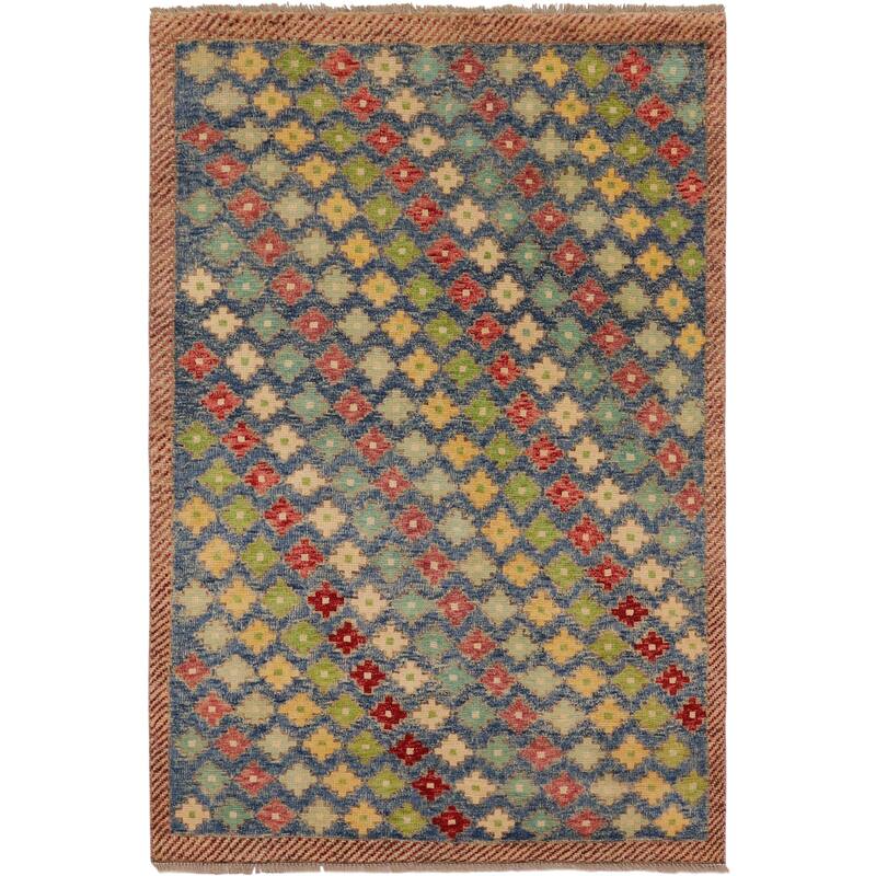 Modern Balochi Berg Blue/Red Hand Knotted Wool Rug - 4'2'' x 6'1''