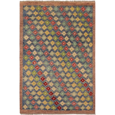 Modern Balochi Berg Blue/Red Hand Knotted Wool Rug - 4'2'' x 6'1''