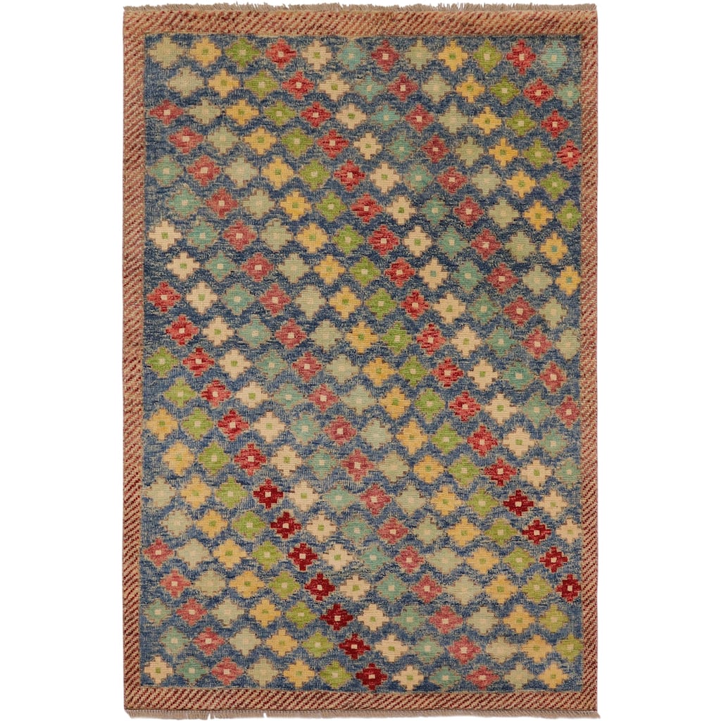 Modern Balochi Berg Blue/Red Hand Knotted Wool Rug - 4'2'' x 6'1''