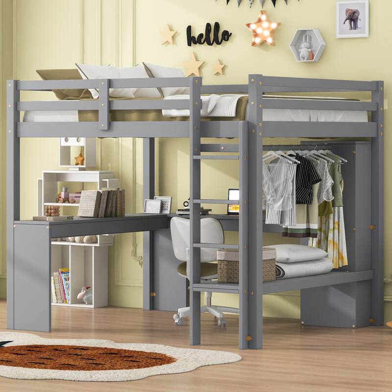 Solid Wood Loft Bed with L-shaped Desk & Storage - Full - Grey