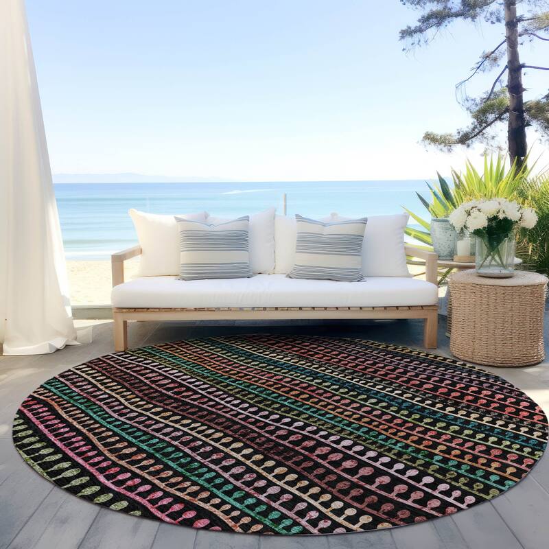 Machine Washable Indoor/ Outdoor Chantille Modern Stripe Lolly Rug - Black - 8' x 8'