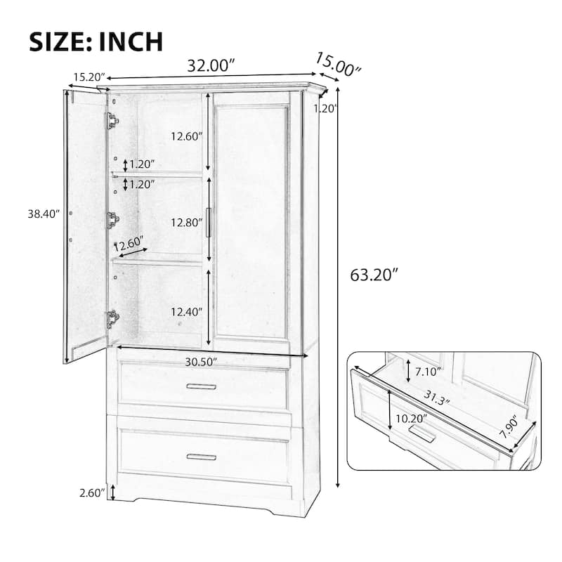 Rectangular Bathroom Cabinet with Doors and Drawers, Large Wooden Storage Cabinet 63-inch Tall Bathroom Towel Cabinet