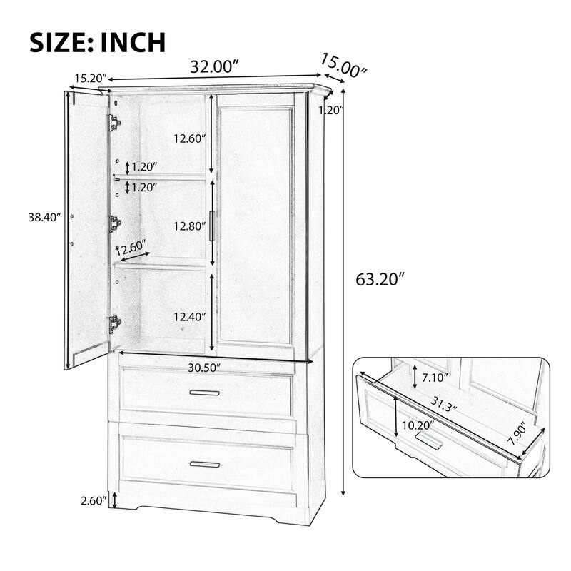 Tall Bathroom Storage Cabinet with 2 Doors, 2 Drawers & Adjustable Shelf