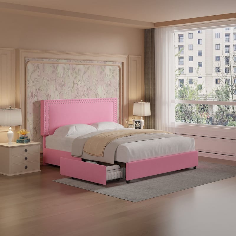 VECELO Upholstered Storage Bed Frames with 4 Storage Drawers Platform Bed Frame with Adjustable Velvet Rivets Headboard