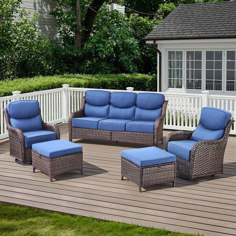 Arcadia 5-Piece Wicker Patio Conversation Set with Swivel Gliders and 6-Inch Thick Olefin Cushions