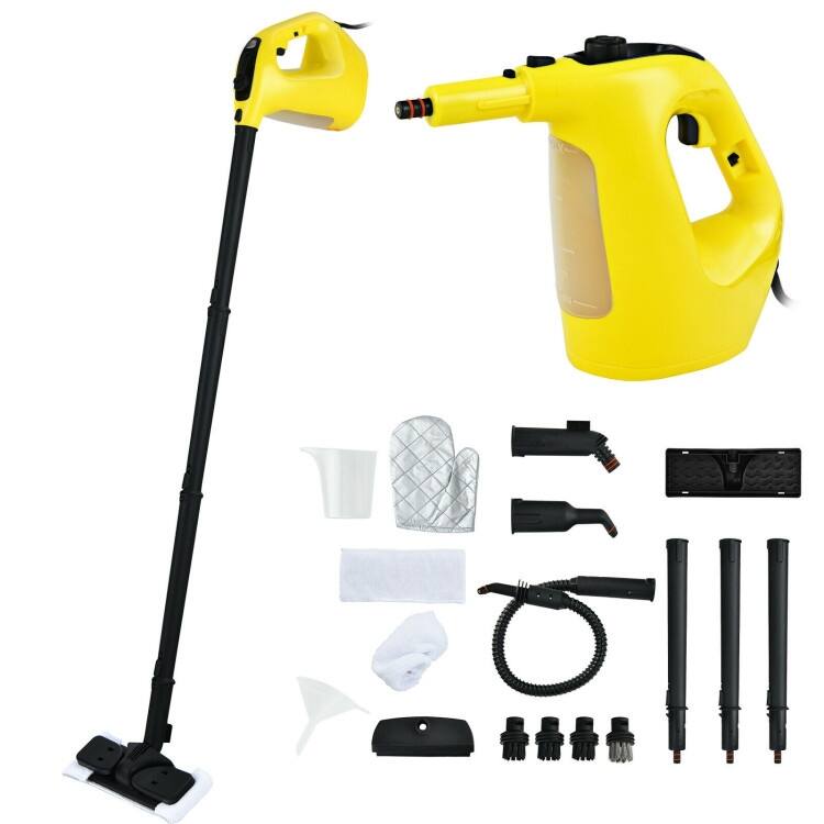 Powerful 1400W Handheld Steam Cleaner with 17 Accessories for Versatile Household Cleaning - 13" x 5" x 9.5" (L x W x H) - Yellow