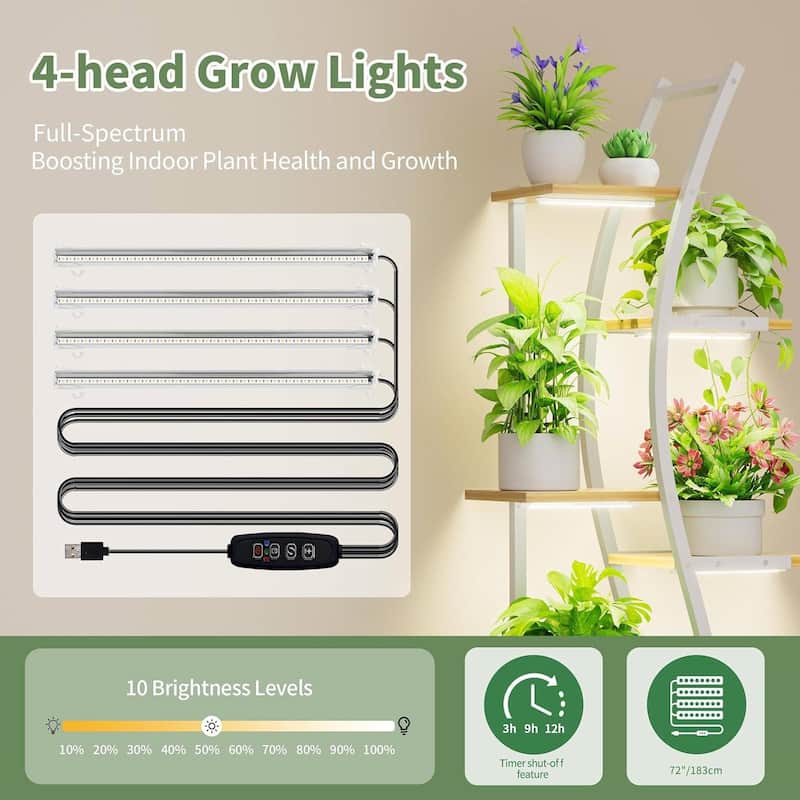 Wood Metal 7-Tier Indoor Plant Stand with Grow Lights and Timer - 19.69 x 9.45 x 63 inches