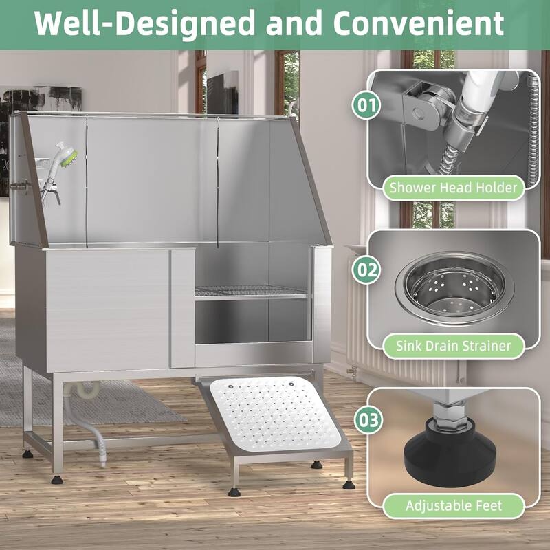 Professional Stainless Steel Dog Washing Station Pet Grooming Bath Tub w/ Ramp