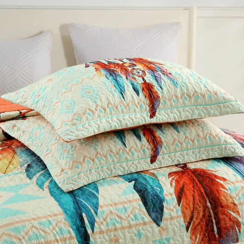 MarCielo 3 Piece Dream Catcher Quilt Bedspread Set Soft and Stylish Dreamcatcher and Feather Design ME502